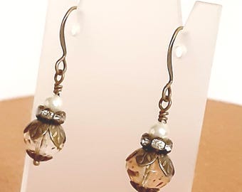 Czech Rivoli Earrings Light Golden Brown and Cream Glass Pearl