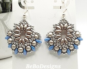 Bead Woven Earrings: Sterling Silver, Light Blue Czech Beads