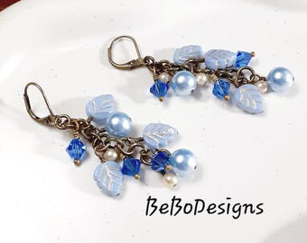 Hand-Wrapped Czech Glass Leaf Earrings: Blue Swarovski Crystals, Pearls (Lever Back)