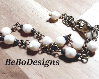 Victorian Style Handmade Chain Link Bracelet Faceted Czech Glass Beads Opaque Champagne Luster and Antiqued Brass Metal Adjustable Size