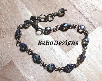 Vintage Style Handmade Chain Link Bracelet Czech Transparent Green Luster Faceted Round Beads with Antiqued Brass Metals Adjustable Size