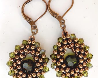 Seed Bead Teardrop CRAW Earrings with Swarovski Crystals Olivine Green
