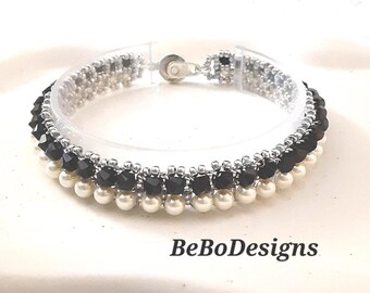 Crystal and Pearl Handmade Bead Woven Bracelet in Jet Black and Cream