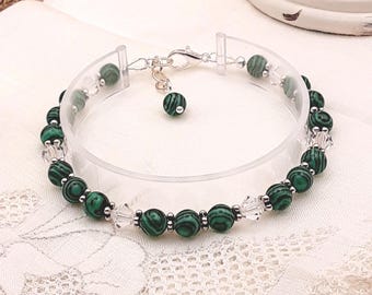Green Vein Beaded Bracelet: Crystal & Silver Plated Layering Jewelry