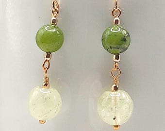 Prehnite and Jade Gemstone Beaded Earrings with Gold Filled Beads and Ear Wires