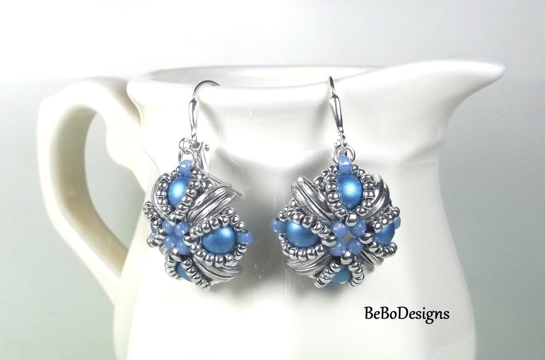 Bead Woven Earrings in Blue and Silver Tara Earrings Seed Bead Earrings ...