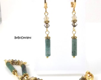 Vintage Style African Jade Gemstone Bracelet with Swarovski Crystals, Beaded Station Bracelet-Matching Earrings
