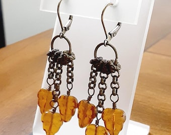 Vintage Style Czech Glass Leaf Earrings in Topaz Brown