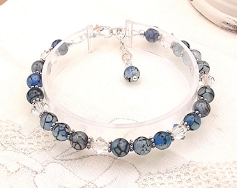 Blue Vein Beaded Bracelet: Handmade Swarovski Crystal, Silver Plated (7-7.75 inch)