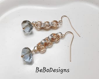 Two Tone Chainmail Earrings with Czech Rivoli's Pale Blue Gray Beads