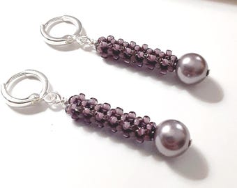 Pendientes de cuentas de semillas de lavanda cosidos a mano CRAW con perlas de Swarovski