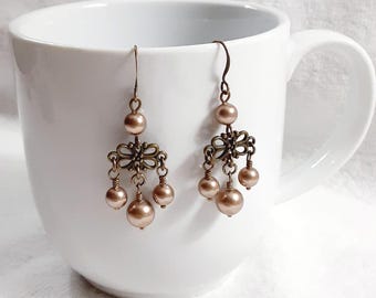 Victorian Style Earrings with Bronze Austrian Pearls and Antiqued Bronze Filigree Links