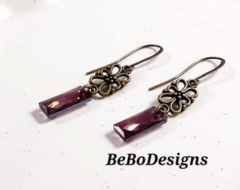 Swarovski Lilac Shadow Baguette Crystal Earrings with Antiqued Brass Filigree Links Victorian Style