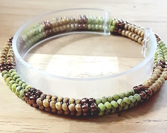 Handwoven Seed Bead Bangle Bracelet: Picasso Green, Brown, Dark Bronze Accents