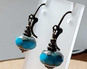 Czech Beaded Earrings in Blue and Antiqued Gold