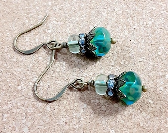Vintage Style Czech Glass Petite Beaded Earrings in Blue-Green and Antiqued Brass Metals