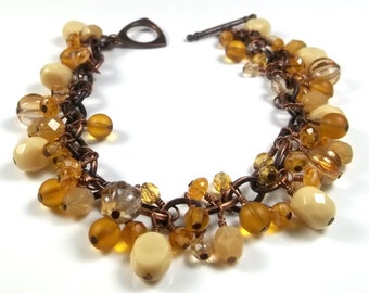 Cha Cha Charm Bracelet Czech Glass Beads Gold Beige Honey Champagne with Matching Earrings