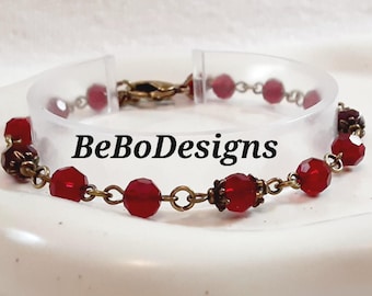 Vintage Style Handmade Chain Link Bracelet Red Faceted Round Beads with Antiqued Brass Metals Adjustable Size