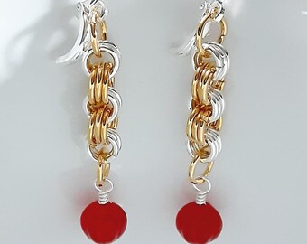 Two Tone Chainmail Earrings with Red Czech Melon Beads