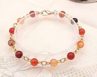 Red Agate Beaded Bracelet, Gold Plated Chain Link, Handmade