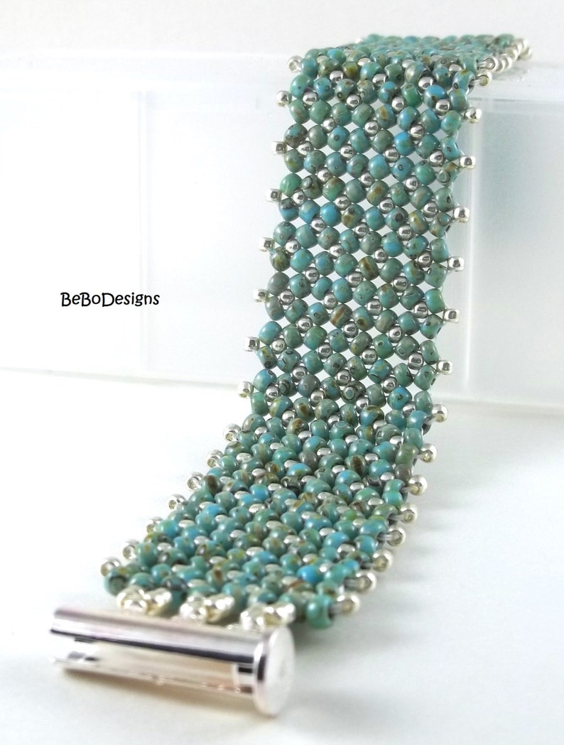 Flat Chenille Bead Woven Seed Bead Bracelet Cuff in Turquoise - Etsy
