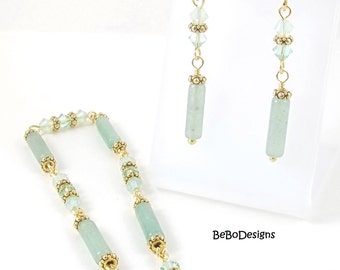 Green Aventurine Gemstone Bracelet and Earring Set with Swarovski Crystals Gold Tone