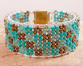 Woven Seed Bead Cuff Bracelet – Turquoise, Metallic Brown, Gold Clasp Flat Chenille