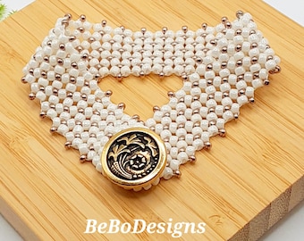 Cuff Bracelet Chenille Stitch Hand Woven White and Gold Seed Beads Button Clasp