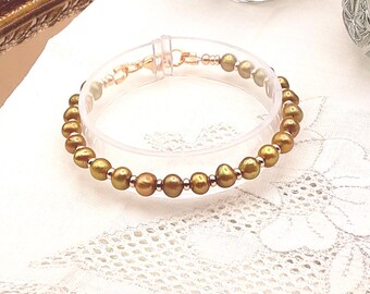 Golden Olive Pearl Bracelet: Dainty Bridal Layering Jewelry