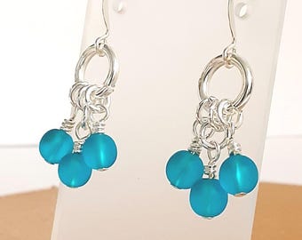 Czech Glass Frosted Aqua Blue Round Druk Earrings