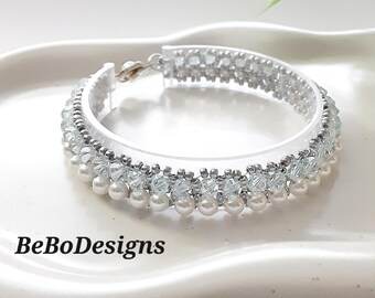 Crystal and Pearl Handmade Bead Woven Bracelet in Light Azure and White 7.25 Inches