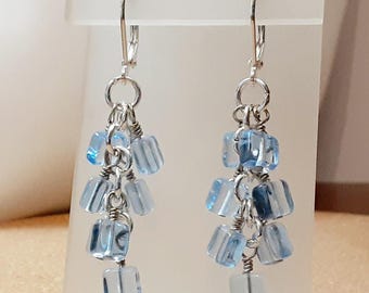Czech One Hole Square Glass Light Sapphire Beads Wire Wrapped By Hand