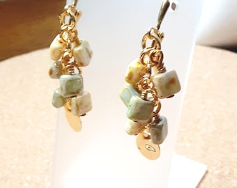 Czech One Hole Square Glass Picasso Beads Wire Wrapped By Hand Beige and Green
