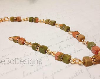 Unakite Gemstone Cubed Beaded Bracelet, Gold Tone Metal