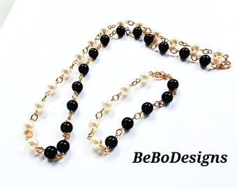 Black Onyx and Swarovski White Pearl Necklace and Bracelet