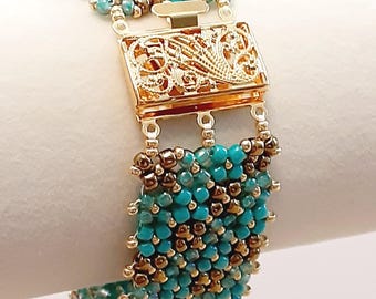 Woven Seed Bead Cuff Bracelet – Turquoise, Metallic Brown, Gold Clasp Flat Chenille