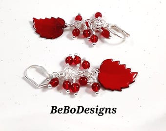 Red Czech Glass Beaded Earrings with Enameled Leaf Charms Cluster Beads Wire Wrapped
