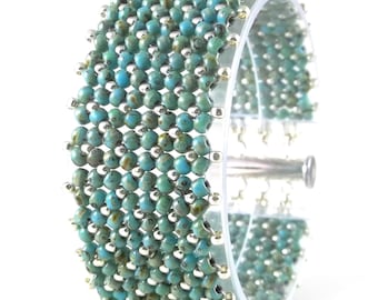 Beaded Cuff Bracelet, Chenille Stitch, Hand Woven, Turquoise Picasso Seed Beads