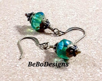 Vintage Style Czech Glass Petite Earrings in Blue and Green Everyday Jewelry