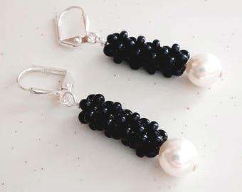 Linear Seed Bead Earrings CRAW Swarovski White Pearls