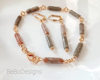Autumn Jasper Bracelet and Earring Set Gold Tone Metals