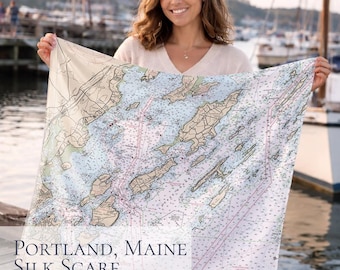Portland Maine Nautical Chart Silk Scarf | Casco Bay Map Coastal Accessory and Gift