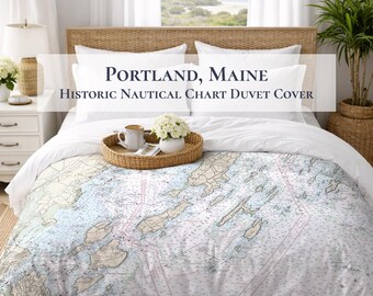 Portland Maine Nautical Chart Duvet Cover | Historic Casco Bay Map Bedding | Cotton Sateen