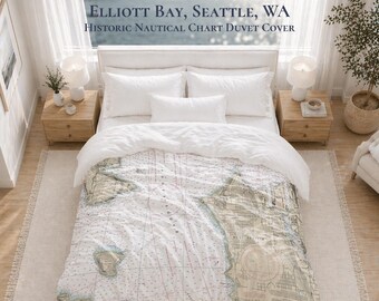 Seattle Elliott Bay Nautical Chart Duvet Cover – Puget Sound Coastal Bedding and Housewarming Gift