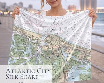 Atlantic City Nautical Chart Silk Scarf | New Jersey Coastal Map Accessory and Coastal Gift