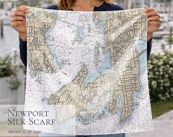 Newport Nautical Chart Silk Scarf – Coastal Harbor Map Accessory (Personalized Option)