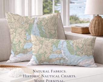 Connecticut River Old Saybrook Nautical Chart Pillow Cover | Long Island Sound Coastal Map Decor
