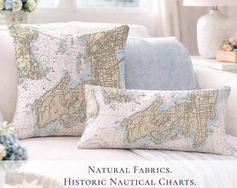 Newport Harbor Nautical Chart Pillow Cover – Rhode Island Coastal Decor, Personalized Gift