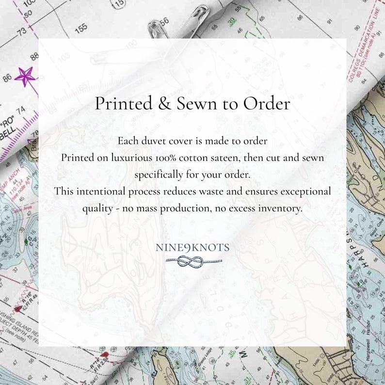 May include: A close-up of a nautical chart with text that reads "Printed & Sewn to Order." The text describes the process of making duvet covers from 100% cotton sateen. The logo for "NINE9KNOTS" is also visible.