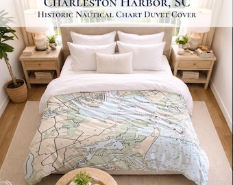 Charleston Harbor Nautical Chart Duvet Cover – Historic Coastal Cotton Sateen Bedding